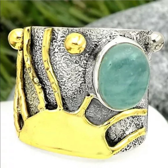 Jewelry - Two tone sterling silver SUN ring with aqua marine